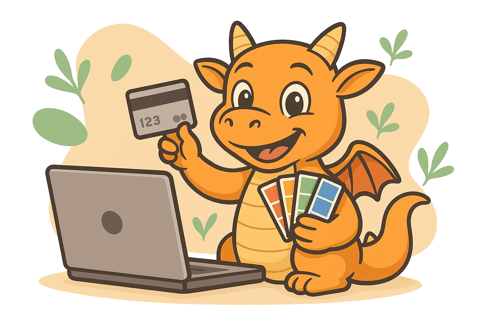 Oranger Drache bestellt Spielgerät online, wählt Farbe & bezahlt sicher per Karte