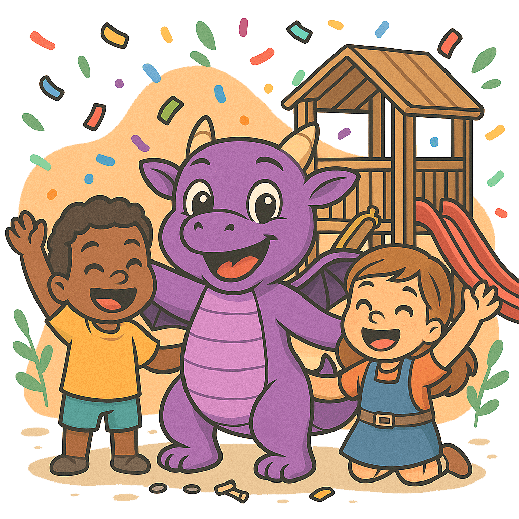 Lila Drache feiert Spielturm-Premiere mit Kindern im Garten – Konfetti & Freude