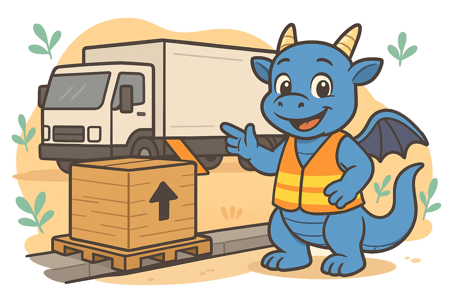 Blauer Drache zeigt Speditionslieferung des Spielturms frei Bordsteinkante