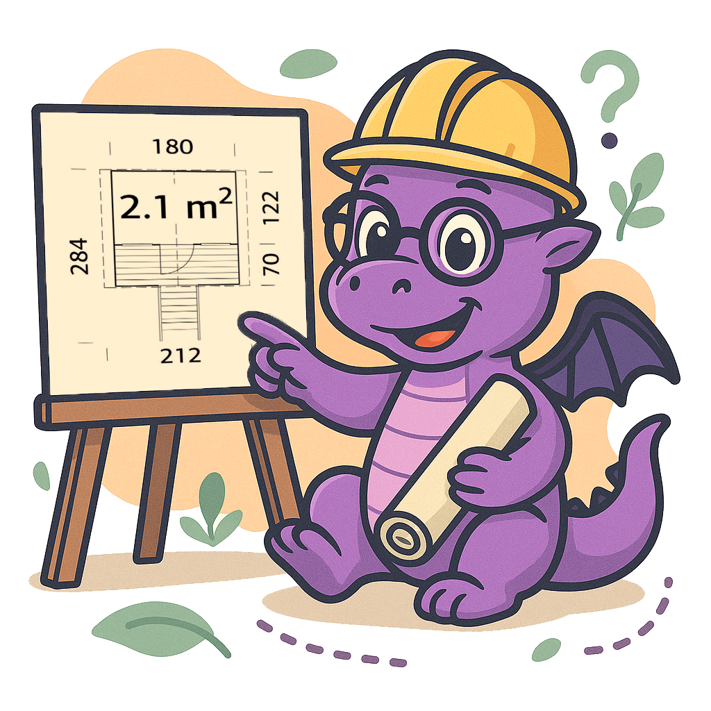 Lila Drache erstellt Grundriss und Sicherheitsabstände für Holz-Spielgerät