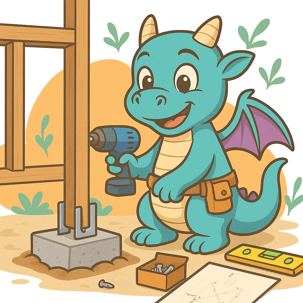 Türkisfarbener Drache verschraubt Holzpfosten mit F-Anker beim Spielgerät-Aufbau