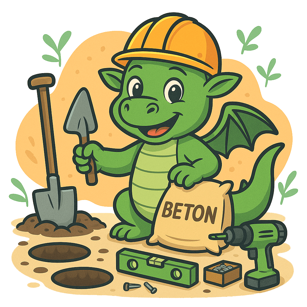 Grüner Drache gräbt Fundamente, mischt Beton und legt Werkzeug für Aufbau bereit