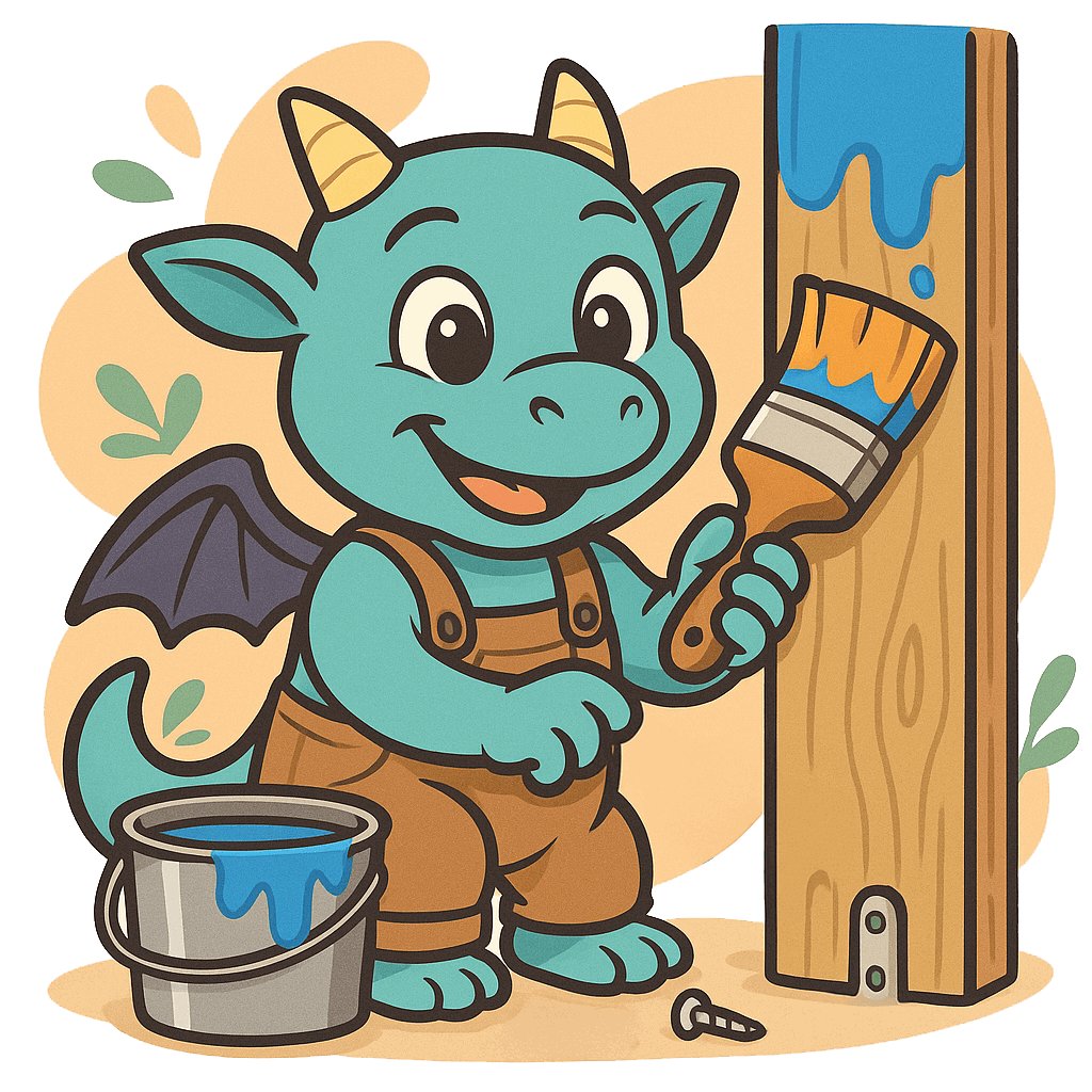 Hell-türkiser Drache streicht Holzbalken des Spielturms wetterfest blau